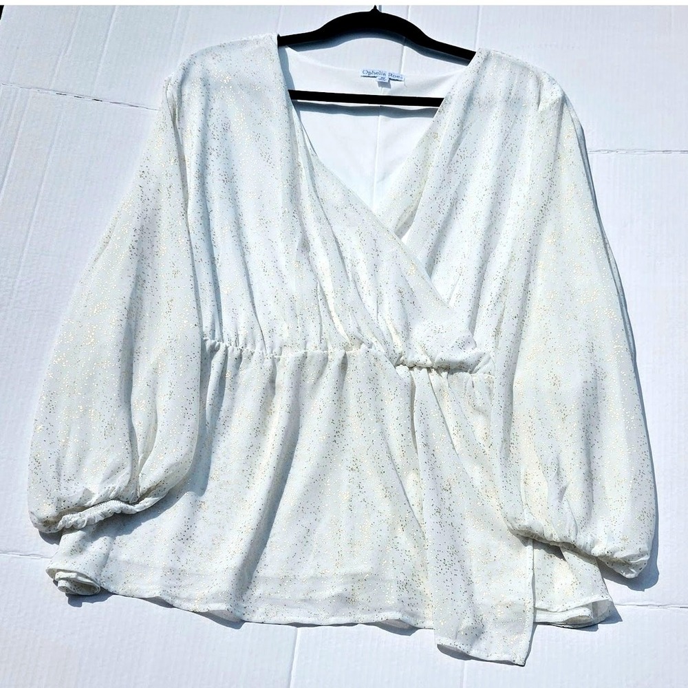 Ophelia Roe White and Gold Metallic Faux-Wrap Blouse